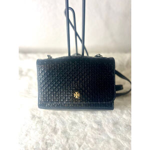 Tory Burch Marion Embossed Shrunken Black Shoulder Crossbody Bag Small